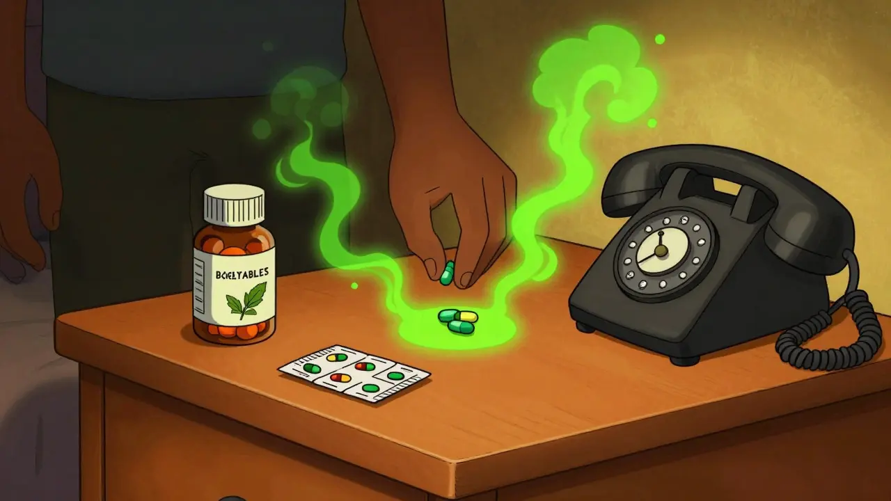 Nightstand with pills, supplements, and alarm clock illustration.