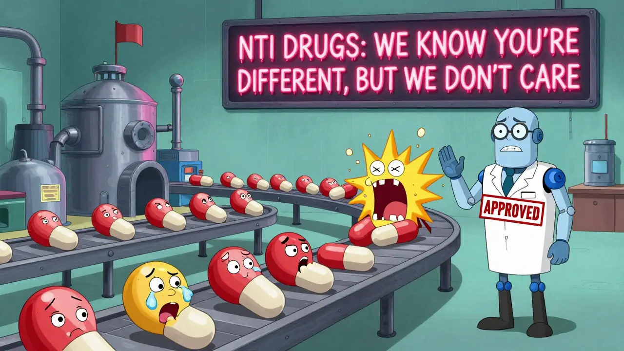 Pill factory conveyor belt with each pill having a unique emotional reaction, while an FDA inspector stamps them all approved despite their differences.