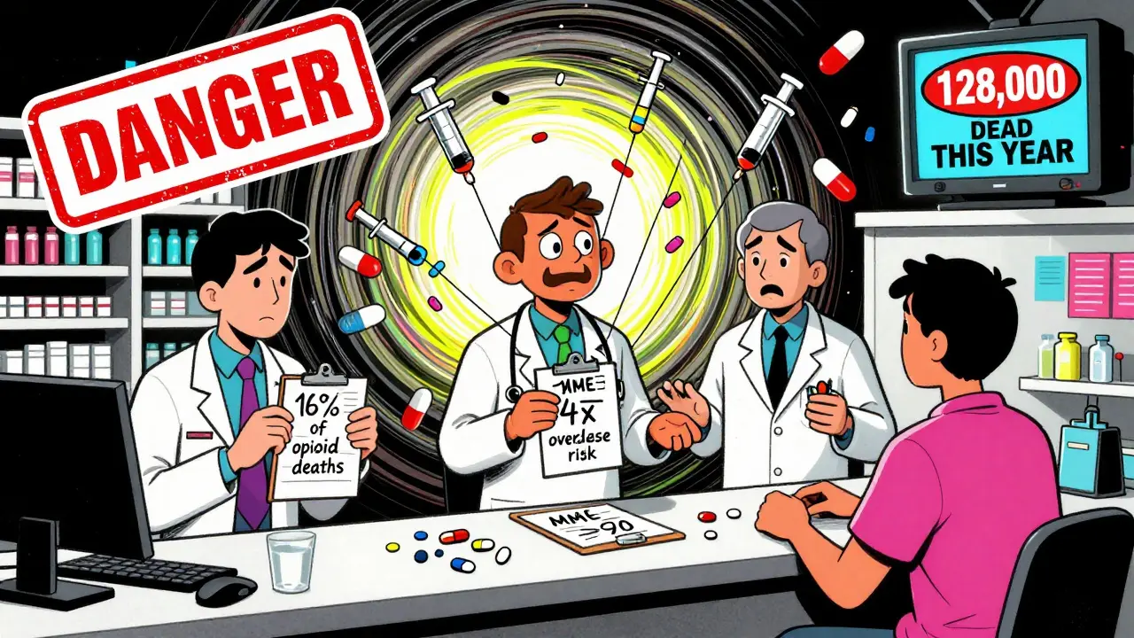 Three doctors hand out prescriptions to a patient turning into a puppet, with overdose risk stats displayed around them.