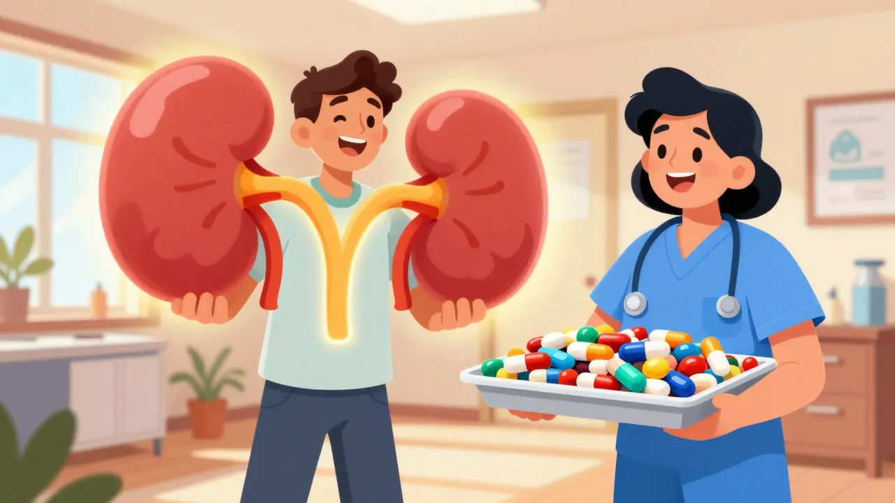 A happy transplant recipient holding a glowing kidney with a supportive partner.