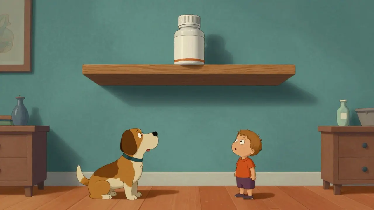 A medication bottle stored on a very high shelf away from a dog and a child.