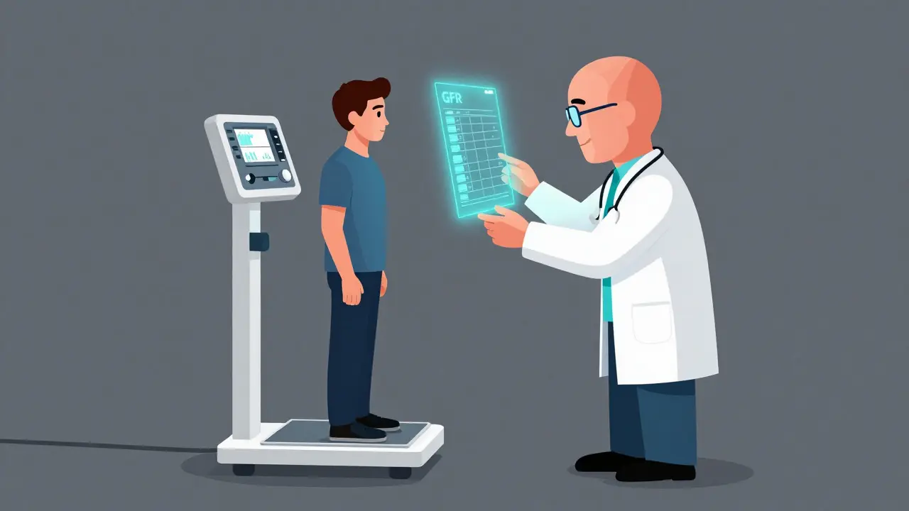 A patient being evaluated by a doctor with a holographic health chart.