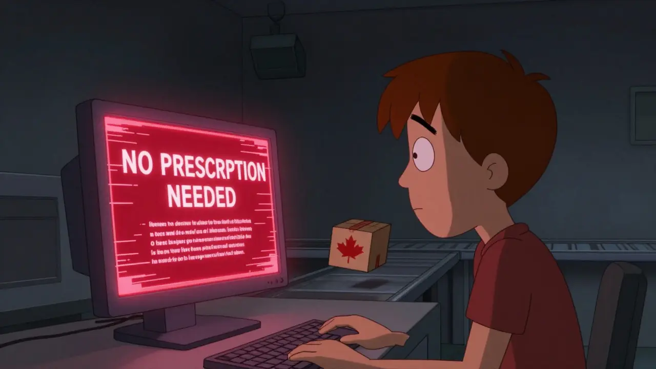 A person looking suspiciously at a glitchy computer screen offering medication without a prescription.