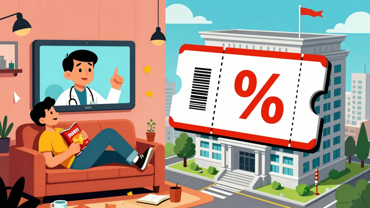 A person using telehealth services next to a giant coupon crushing a pharmacy building.