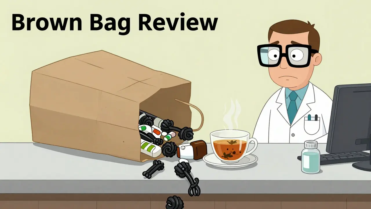 A pharmacist reviewing a brown bag filled with licorice candy and medication bottles.