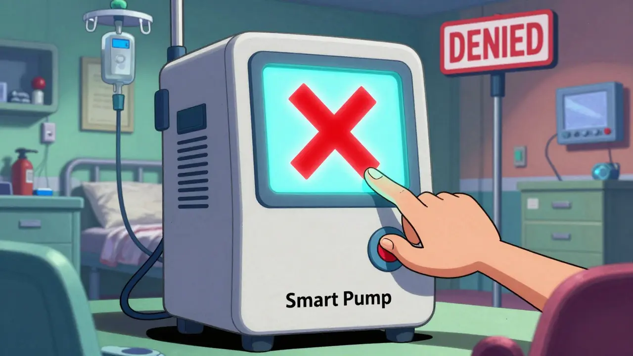 A sentient smart pump displaying a red denied sign to prevent a dosing error.
