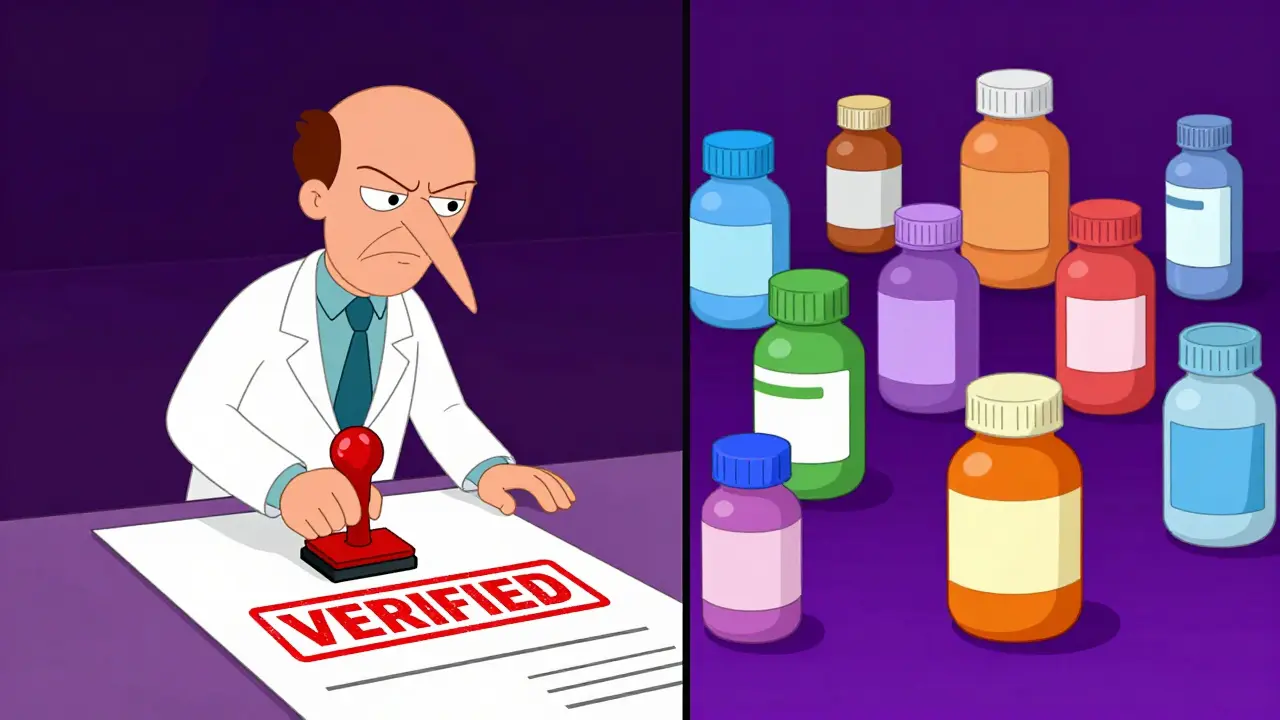 A stylized pharmacist verifying a prescription next to floating medicine bottles.
