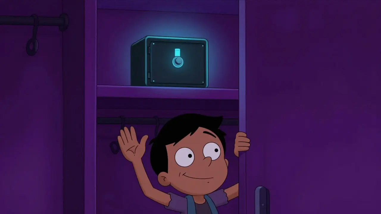 A teenager attempting to reach a locked medication safe on a high closet shelf