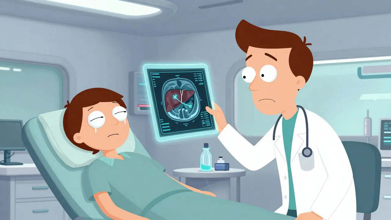 A tired patient and a quirky doctor reviewing a holographic liver scan.