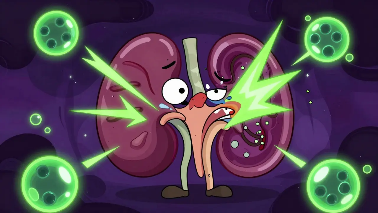 Cartoon kidney being attacked by glowing chemical molecules in a surreal art style