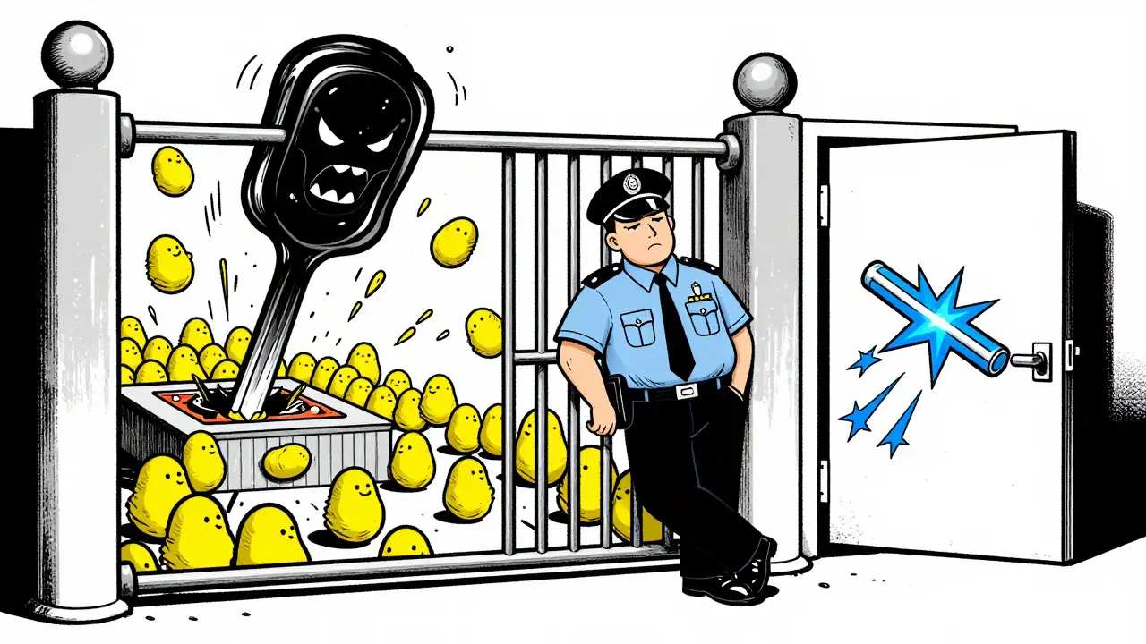 Cartoon showing a licorice piece knocking out a bodyguard enzyme to let cortisol flood a receptor.