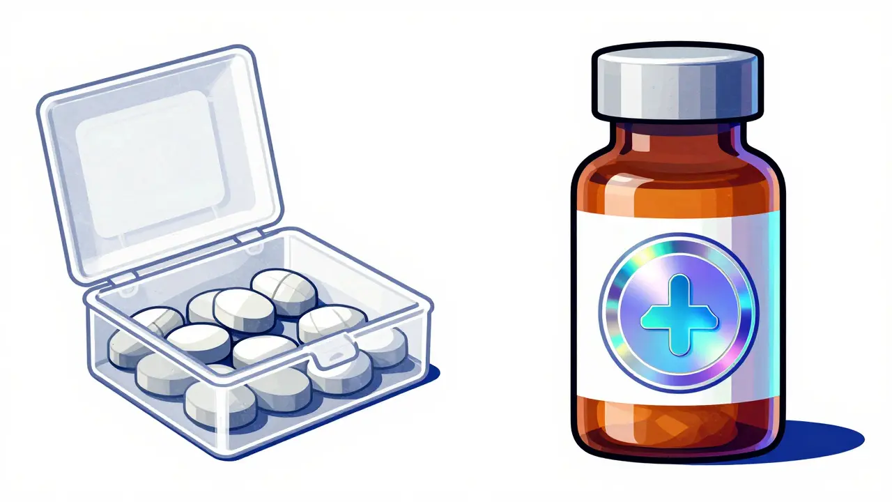 Comparison between a suspicious loose pill and a secure, authenticated medication bottle