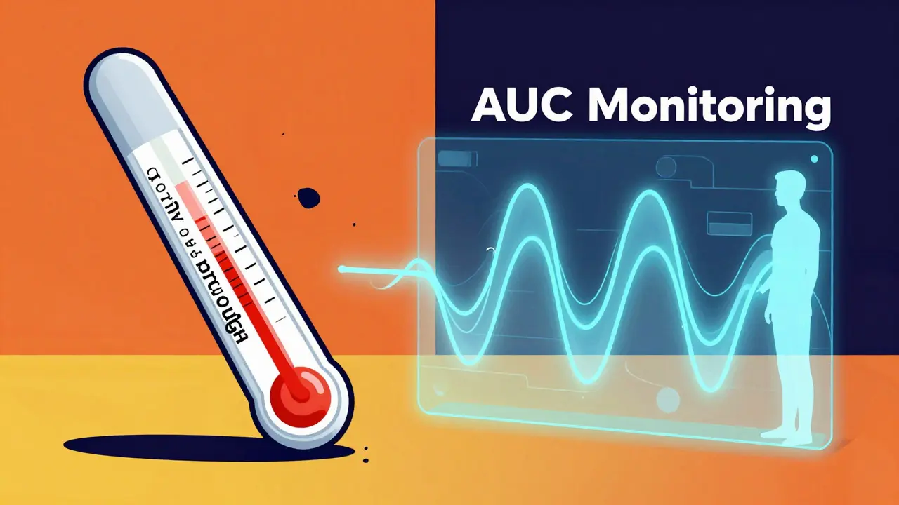 Holographic AUC wave graph replacing an old trough monitor in a stylized illustration