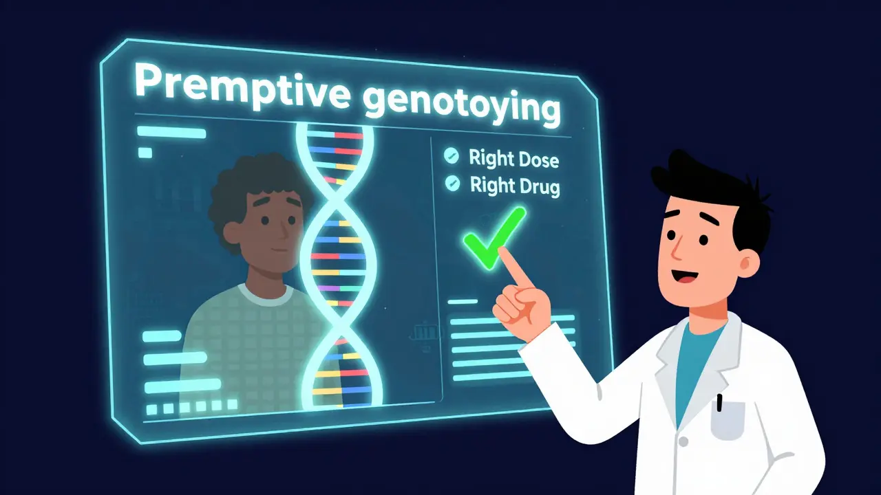 Holographic digital medical record showing a DNA profile for personalized dosing.