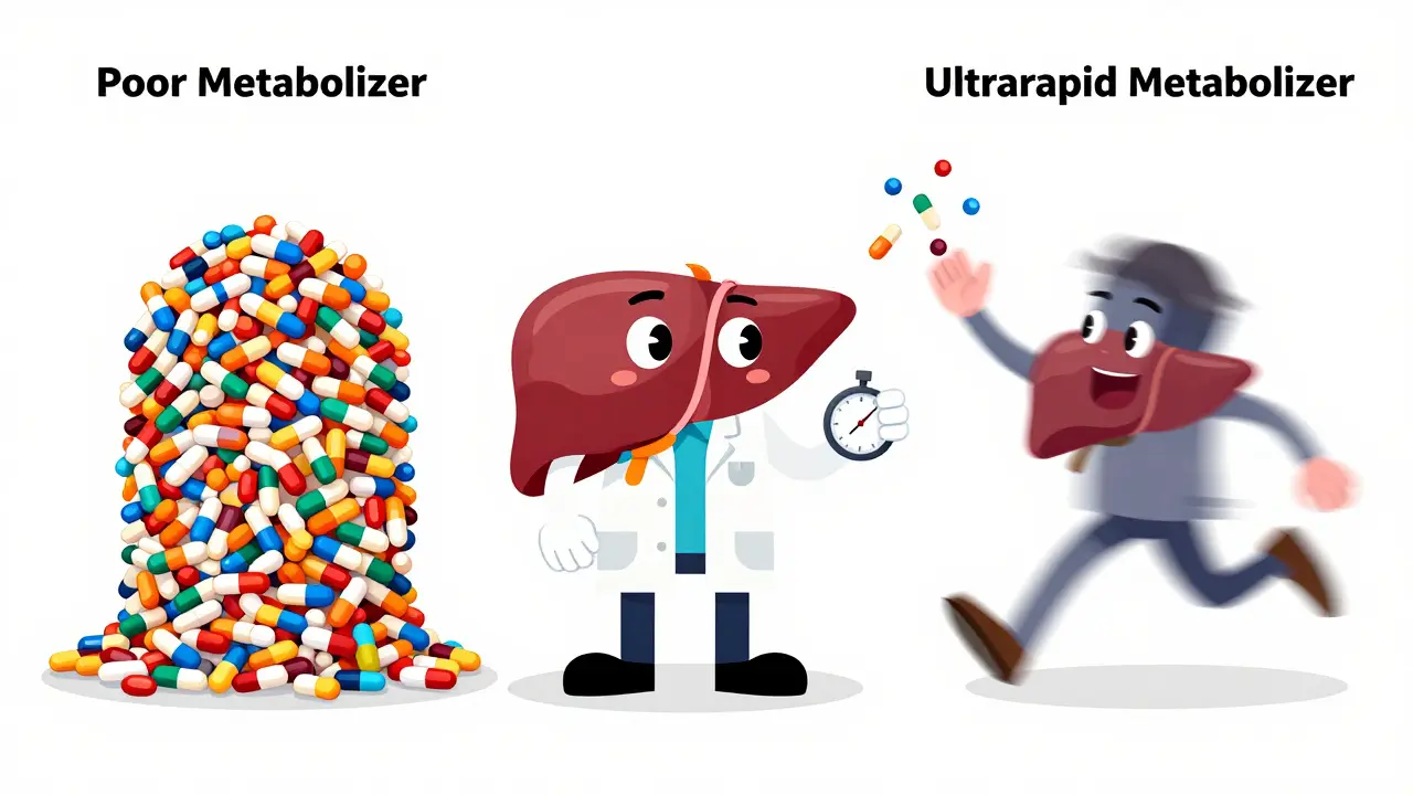 Personified liver character managing slow and fast drug metabolizers.