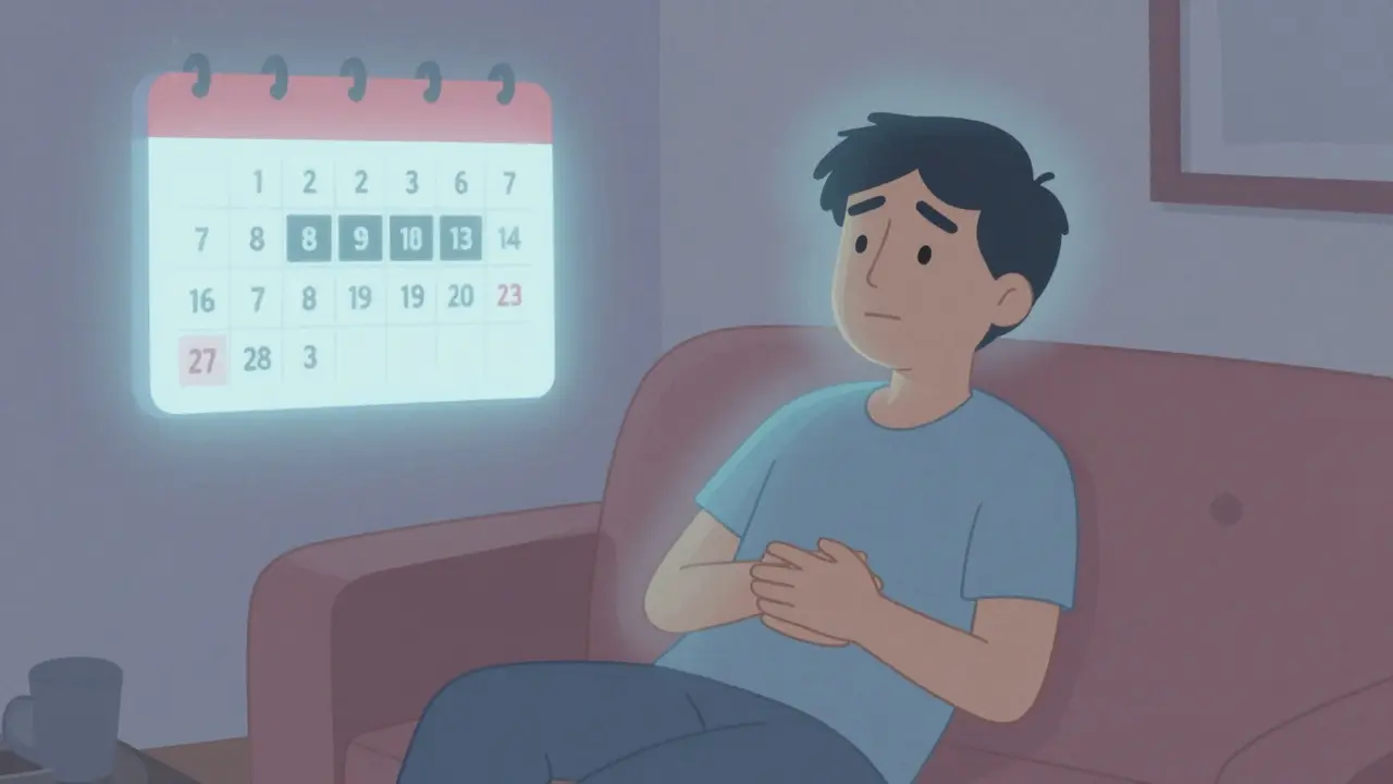 Relaxed person on a couch with a calendar showing the passage of four days