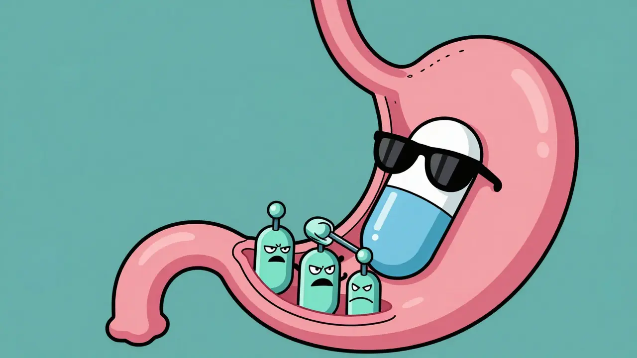 Stylized illustration of a pill shutting down acid pumps inside a stomach