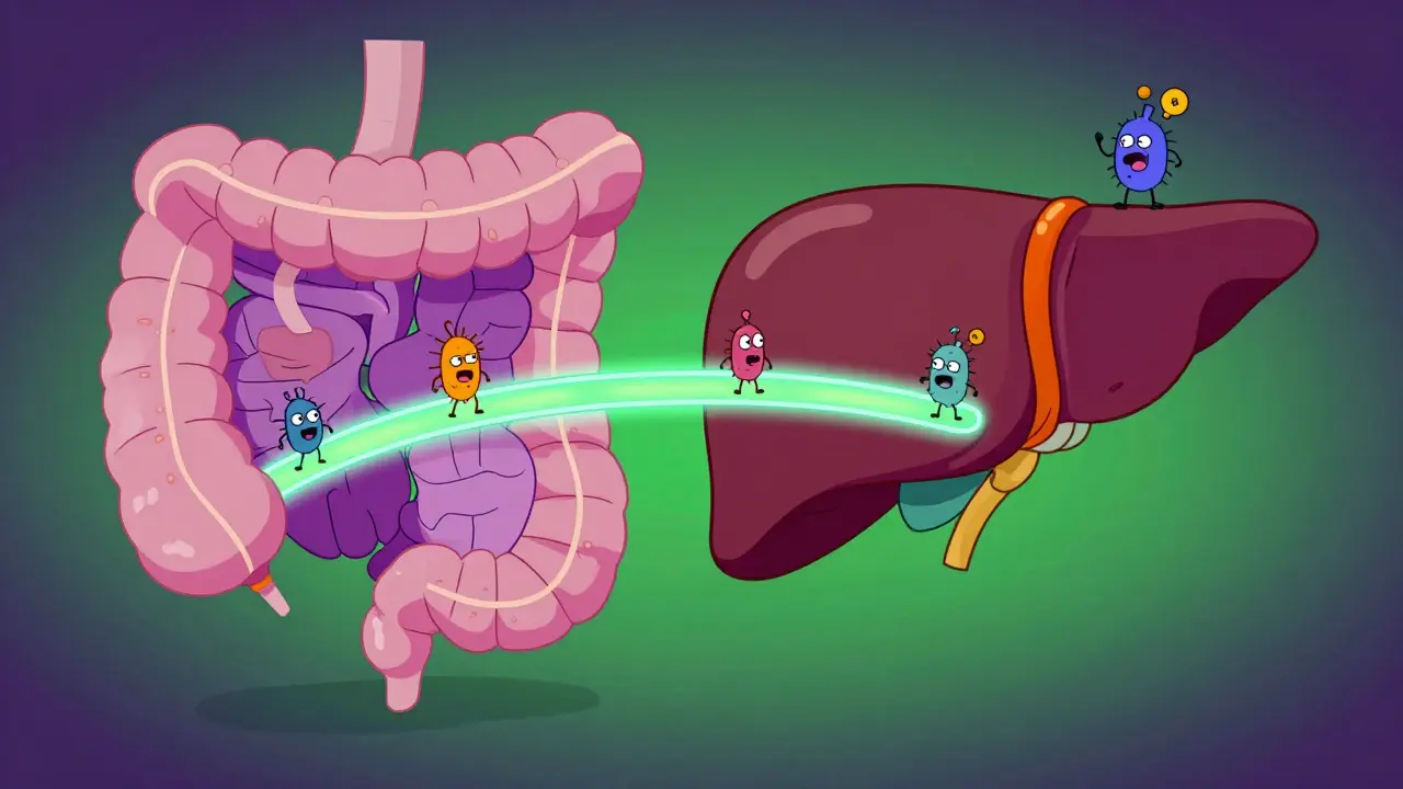Surreal illustration of the gut-liver axis with small bacteria characters.