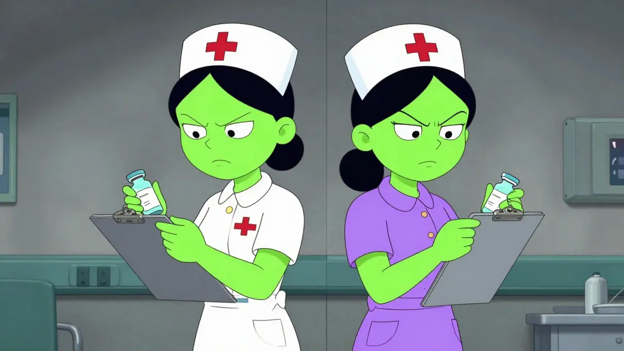 Two quirky nurses independently verifying medication while standing back-to-back.